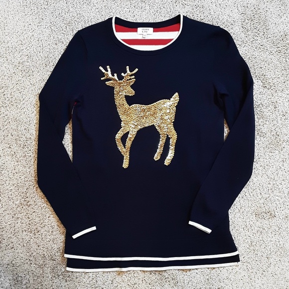 Navy Red & White Lightweight Holiday Sweater Gold Sequined Reindeer Sz XS - Picture 12 of 12